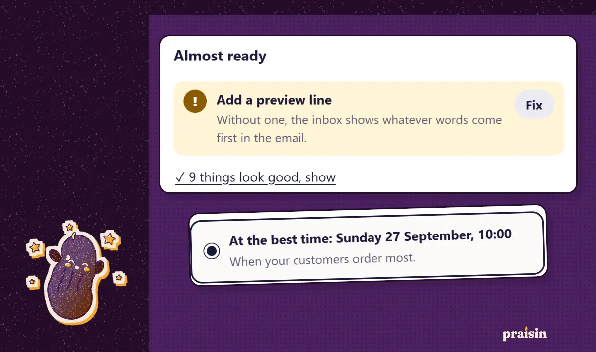 The review and send screen with a check to fix, customer groups with counts and a send time, beside a phone preview of the email