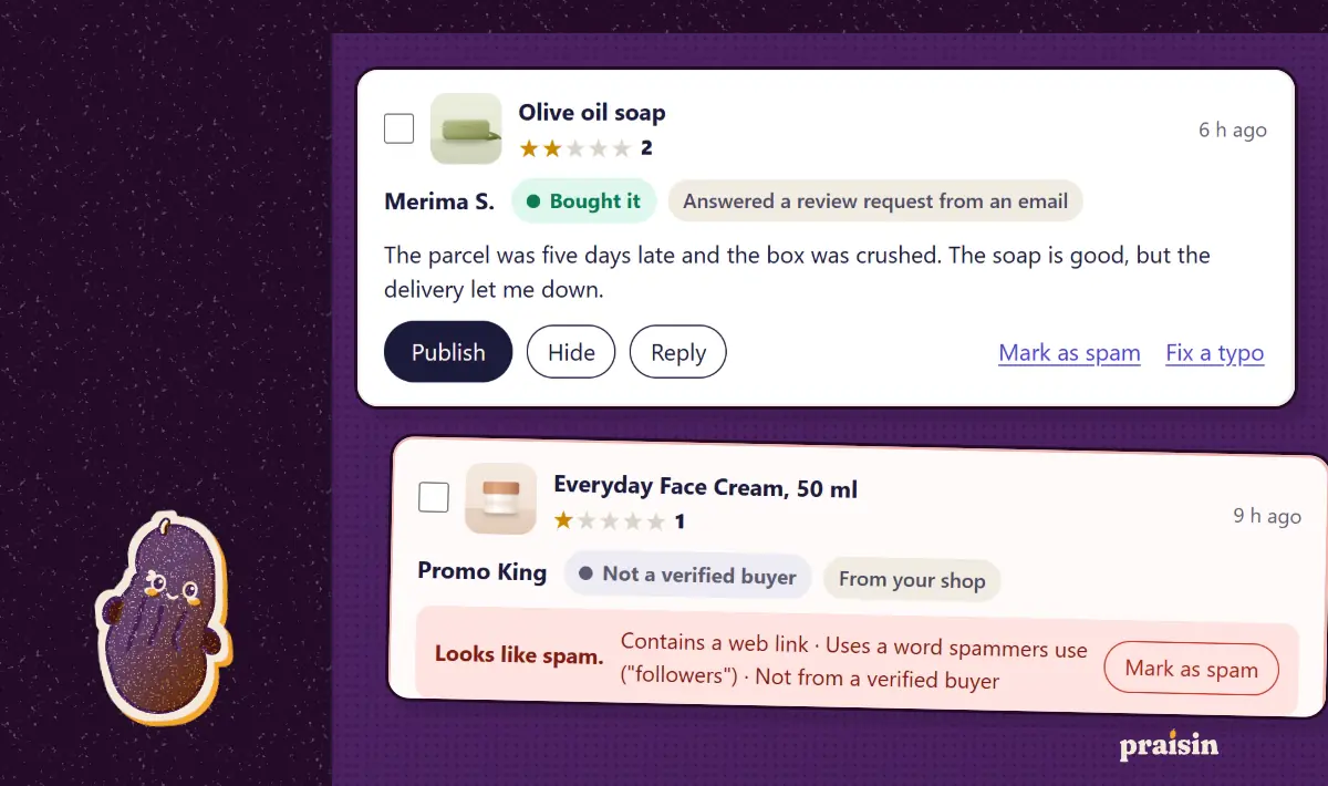 Two reviews in the moderation desk, each labelled with how it was checked: one from a verified buyer, one flagged as likely spam