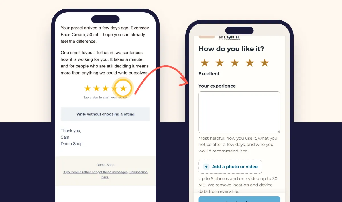 A review request email with five stars beside the review page, opened with five stars already chosen