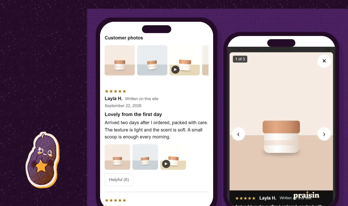 A product page on a phone with a customer photo strip and a five star review, beside the photo viewer